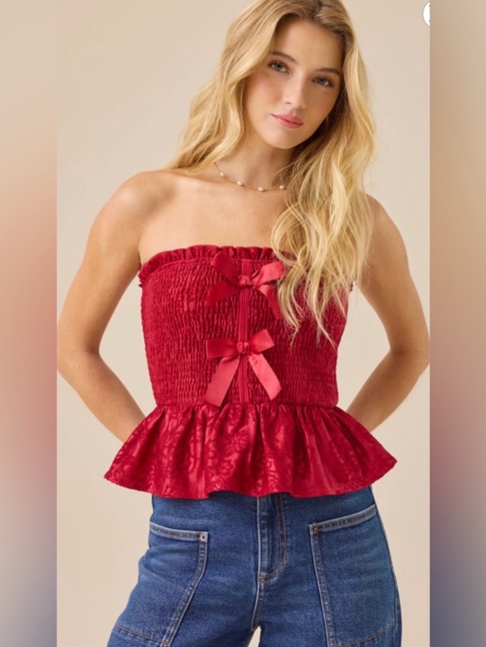 Altar'd State Red Metallic Smocked
Peplum Tube Top Bow Front
Strapless Small